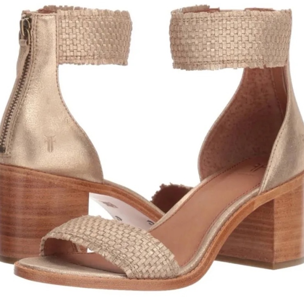 FRYE Bianca Metallic Tan Block Heel Sandals